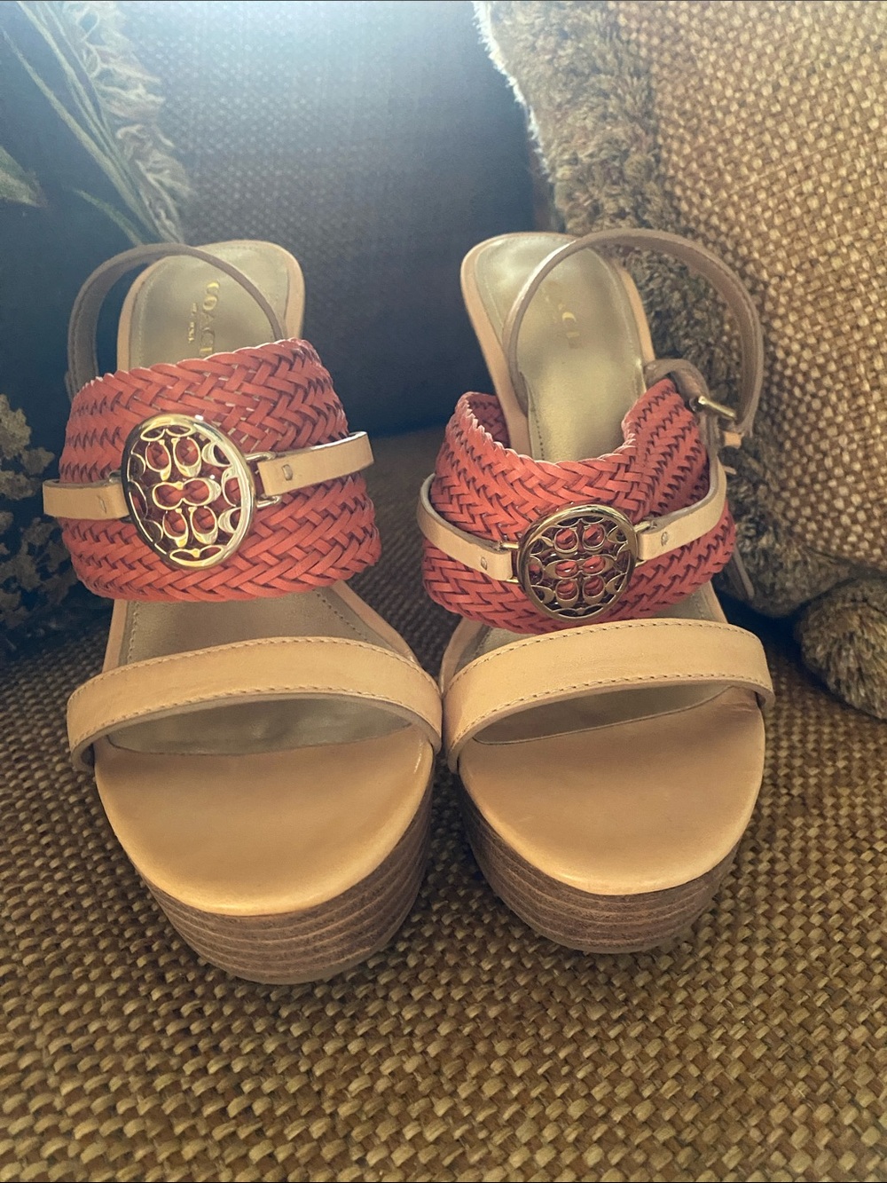 Coach Tan and Coral Woven Wedge Sandals